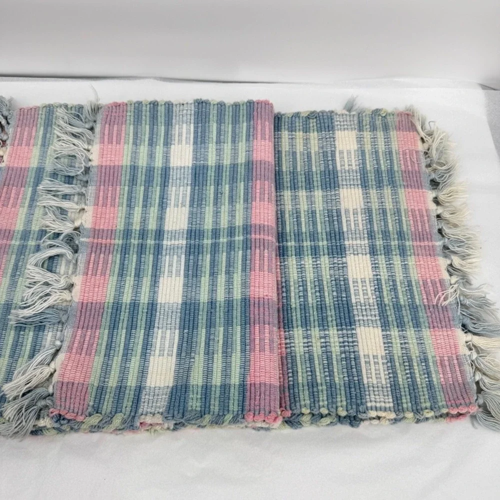 Woven Rag Rug Placemats Pastel Spring Plaid Fringe Cotton Set of 5 Table Decor